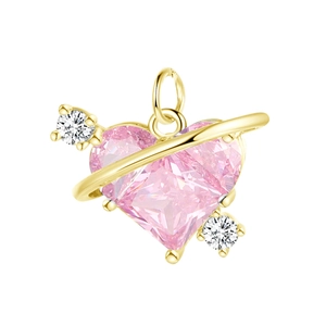 Detail view of heart-shaped pink gemstone pendant with golden arrow and zircon accents
