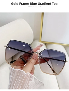 Detailed view of oversized hexagonal sunglasses with gold frame and blue-tea gradient lens