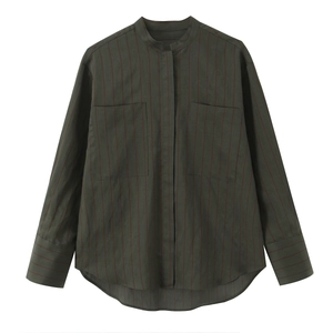 Women Long Sleeve Striped Shirt Polyester Stand Collar Front Pockets Casual Chic Blouse High Low Hem Dark Green