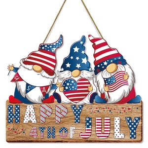 Wooden USA Independence Day gnomes hanging sign with Happy 4th of July text and stars