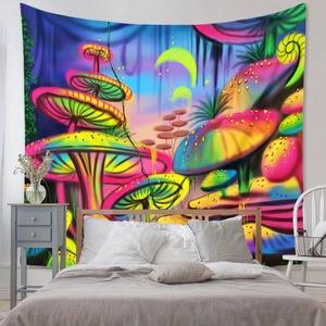 Vibrant psychedelic mushroom forest tapestry displayed as a bedroom wall hanging decor