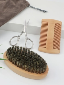 Detailed 4-piece beard grooming set with boar bristle brush, wooden comb, and steel scissors