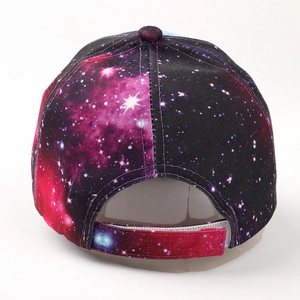 Rear view of galaxy print baseball cap with adjustable strap and 3D nebula pattern