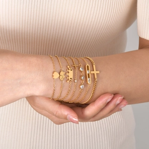 Minimalist gold stainless steel charm bracelets set with zircon cross and heart charms