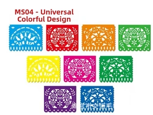 Close-up of 8 colorful Mexican Papel Picado felt banners with floral cutout patterns