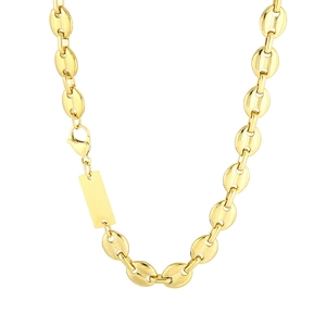 Gold titanium steel pig nose chain necklace with a small rectangular pendant on white base