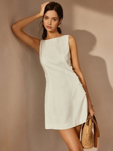 White sleeveless bodycon mini dress with side metal ring details and stylish slim fit