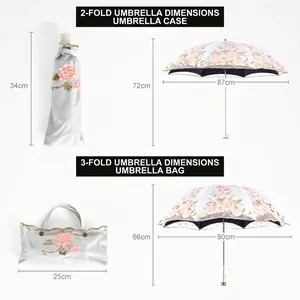 Three-fold double layer lace embroidery sun umbrella with dimensions and storage bag