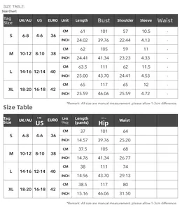 Detailed size chart for women's knit top and shorts set with UK, US, and EU measurements