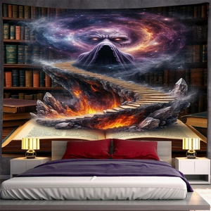 Detail of Halloween dark fantasy tapestry featuring mystical stairs and luminous nebula art