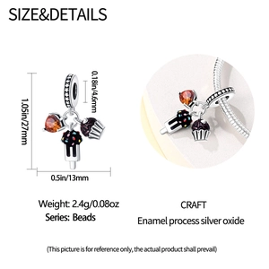 Detailed size specifications for enamel ice cream and cupcake charm bead with measurements