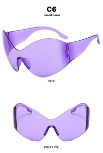 Front and side view of purple Y2K rimless butterfly sunglasses with futuristic design