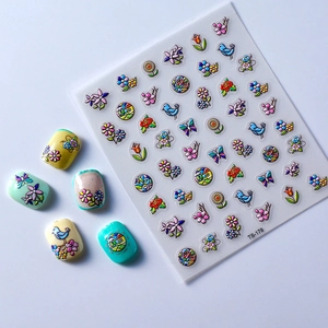 5D embossed nail art stickers with 3D colorful flowers and birds floral design TS-178