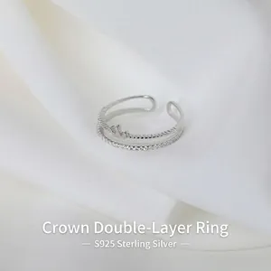Double-layered S925 sterling silver crown ring with sparkling pavé cubic zirconia