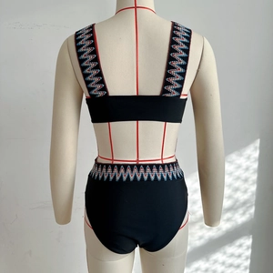 Rear view of black bikini set with red, white, and blue geometric embroidery on the back