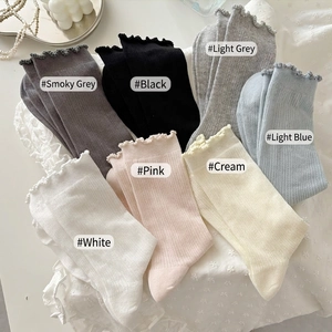 Women's ruffle lace crew socks in seven pastel colors shown on a vintage lace background
