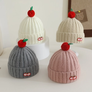 Kids Knitted Beanie Hat Cute Fruit Pom Pom Apple Cherry Embroidery Warm Thick Winter Cap For Toddlers