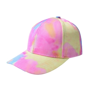 Detail of pink, yellow, and blue tie-dye baseball cap with classic six-panel structure