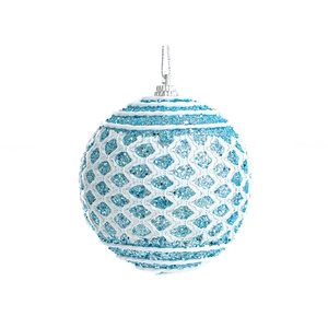 Blue and white Christmas ball ornament with glitter base and diamond weave pattern