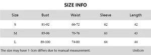 Size information chart for long sleeve cardigan with bust, waist, sleeve, and length in cm