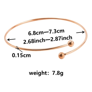 Detailed dimensions of rose gold adjustable steel bangle with weight and diameter info