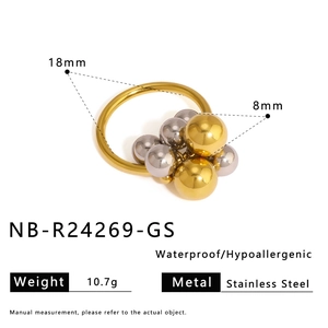 Detail view of 18K gold ball cluster ring with 18mm size and weight specifications