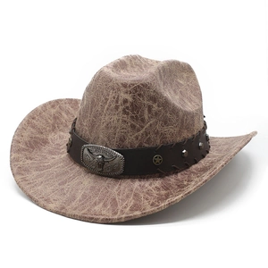 Chapeau De Cowboy Western Vintage Simili Cuir Texture Craquelée Boucle Tête De Taureau Rivets Étoile Large Bord Unisexe