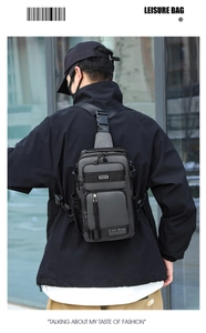 Outdoor leisure crossbody chest bag for men in grey nylon with adjustable buckle strap