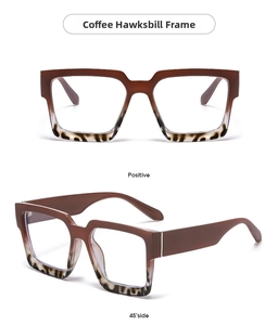 Detail view of square glasses featuring coffee brown and hawksbill tortoiseshell frames