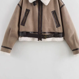 Vintage khaki shearling cropped biker jacket with white faux fur collar and suede finish