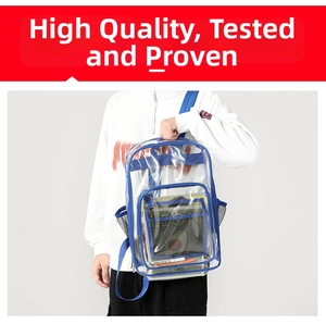 Close-up of blue polyester strap and durable PVC material on transparent backpack