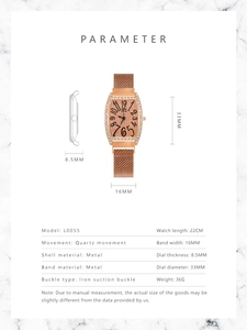 Detailed parameter chart for rose gold tonneau watch with diamond bezel and magnet strap