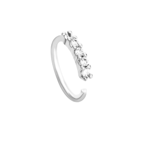 Macro shot of silver nose ring featuring five sparkling round-cut zircons in claw setting