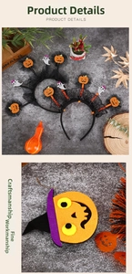 Detail of Halloween headband featuring felt pumpkins, ghosts and mesh veil on stone background