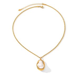 Vintage French style stainless steel twisted rope necklace with baroque pearl pendant