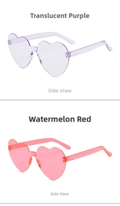 Side view of heart-shaped rimless sunglasses in purple and red transparent colors