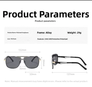 Detailed size guide of aviator polarized sunglasses showing dimensions and alloy frame