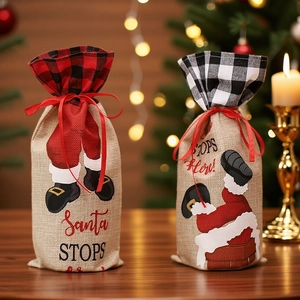 Christmas Wine Bottle Cover Burlap Linen Drawstring Gift Bag Buffalo Check Santa Claus Chimney Holiday Party Decoration