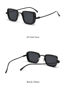 Detail shot of vintage square sunglasses with black frames and dark grey lenses from two angles