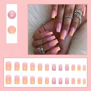 Pink and orange gradient press-on nails with glitter accents, 24 pieces set, medium square shape