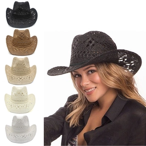 Detail view of hollow weave cowboy straw hats in black brown beige and white colors
