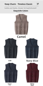 Detail view of V-neck knitted vests with button closure in camel, green, and wine red
