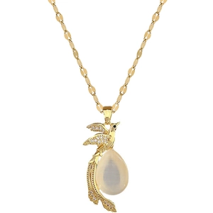 Luxurious gold titanium steel necklace with a phoenix cat-eye stone pendant and zircons