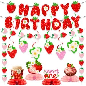 Set di Decorazioni per Festa di Compleanno a Tema Fragola Rosso Rosa Striscione Centrotavola a Nido d'Ape Riccioli Appesi