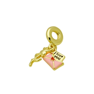 Detail of gold charm featuring a rose and pink envelope with I Love You engraving