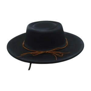 Detail of black wool felt boater hat featuring a brown rope cord and decorative bow knot