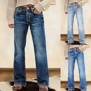 Dames Jeans Met Wijde Pijpen Hoge Taille Retro Washed Denim Katoen Polyester Losse Pasvorm Streetwear