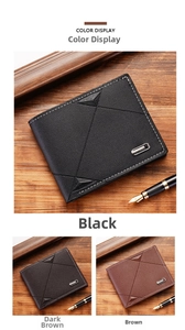 Short tri-fold wallets for men in black, dark coffee, and brown with geometric pattern