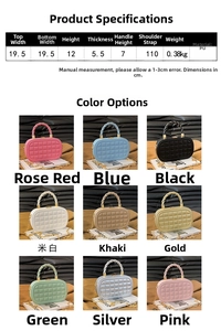 Detailed size guide and nine color options for the woven handle mini crossbody bag