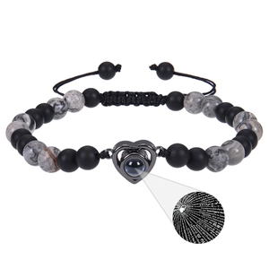 Black matte and grey marble beaded bracelet with heart pendant and language projection